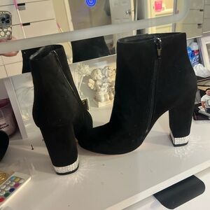 XOXO Black Ankle Boots with Rhinestone Block Heel